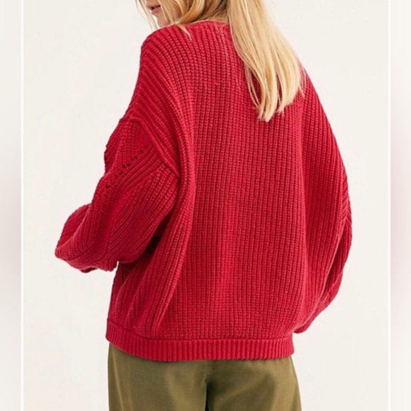 Free People All Day Long Red Chunky Knit V Neck Slouchy Women’s Sweater Cable - Picture 2 of 11